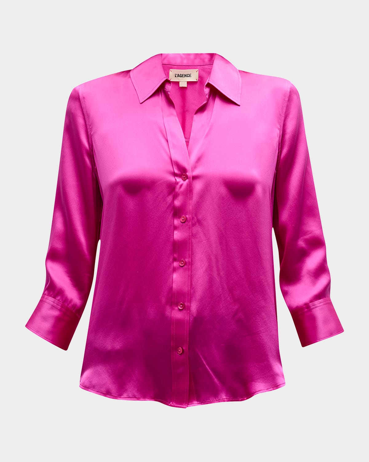 Shop L Agence Dani Silk Satin 3/4-sleeve Button-down Blouse In Star Ruby