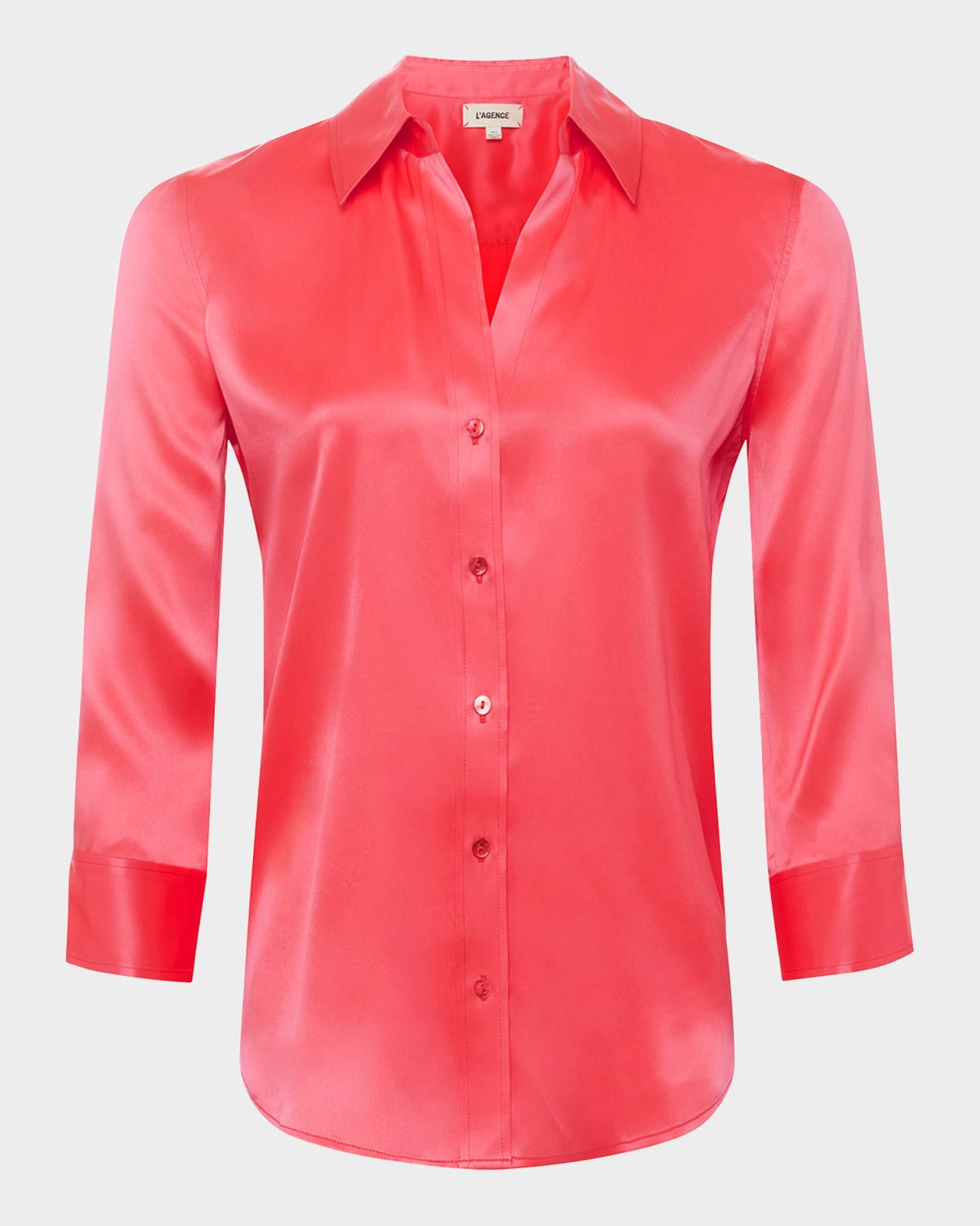 L Agence Dani Silk Satin 3/4-sleeve Button-down Blouse In Neon Coral