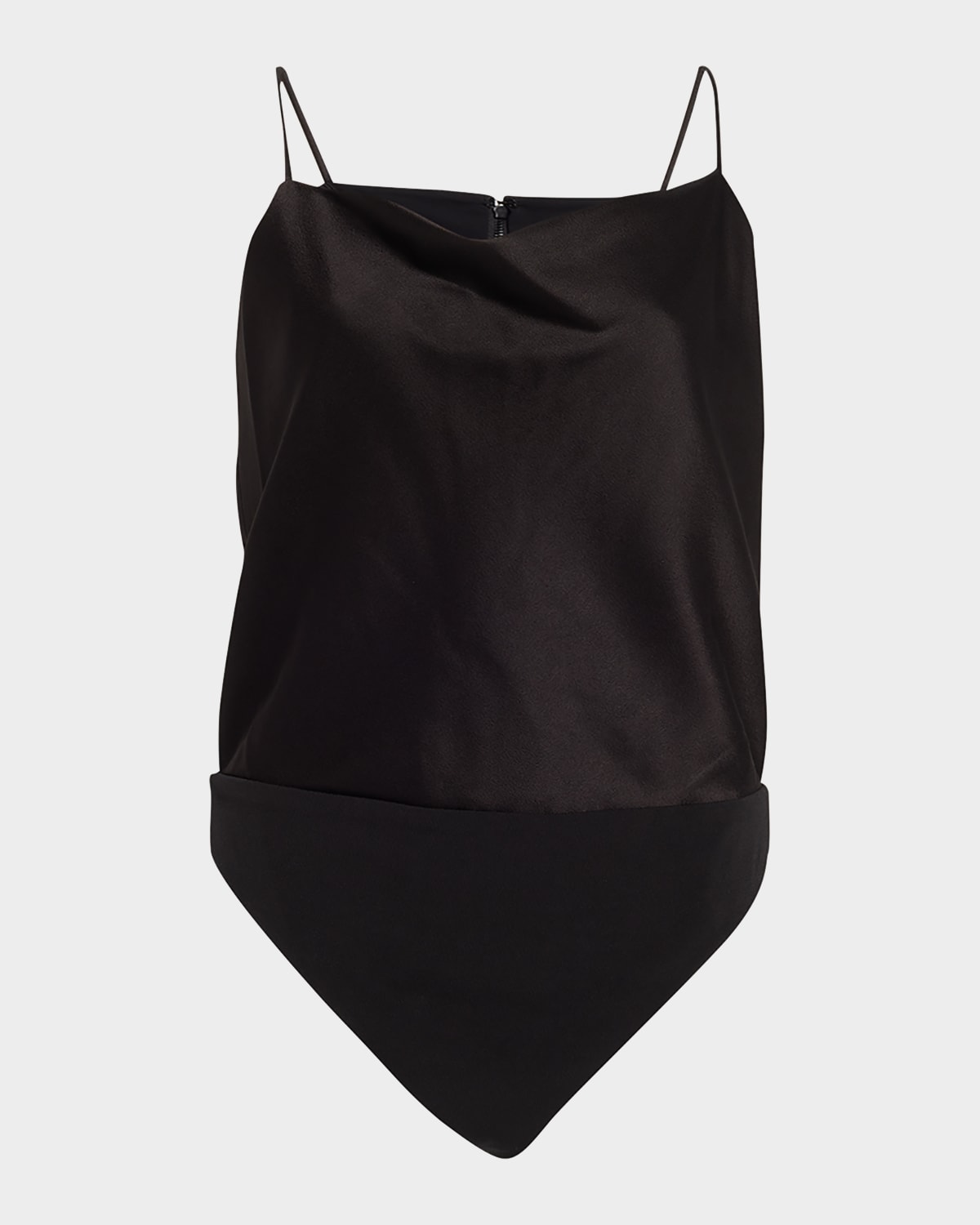 Alice And Olivia Harmon Draped Satin And Stretch-crepe Thong Bodysuit In  Black