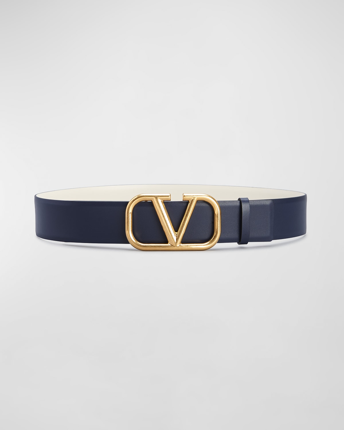 Valentino Garavani Vlogo Leather Belt In Marine/lt Ivory