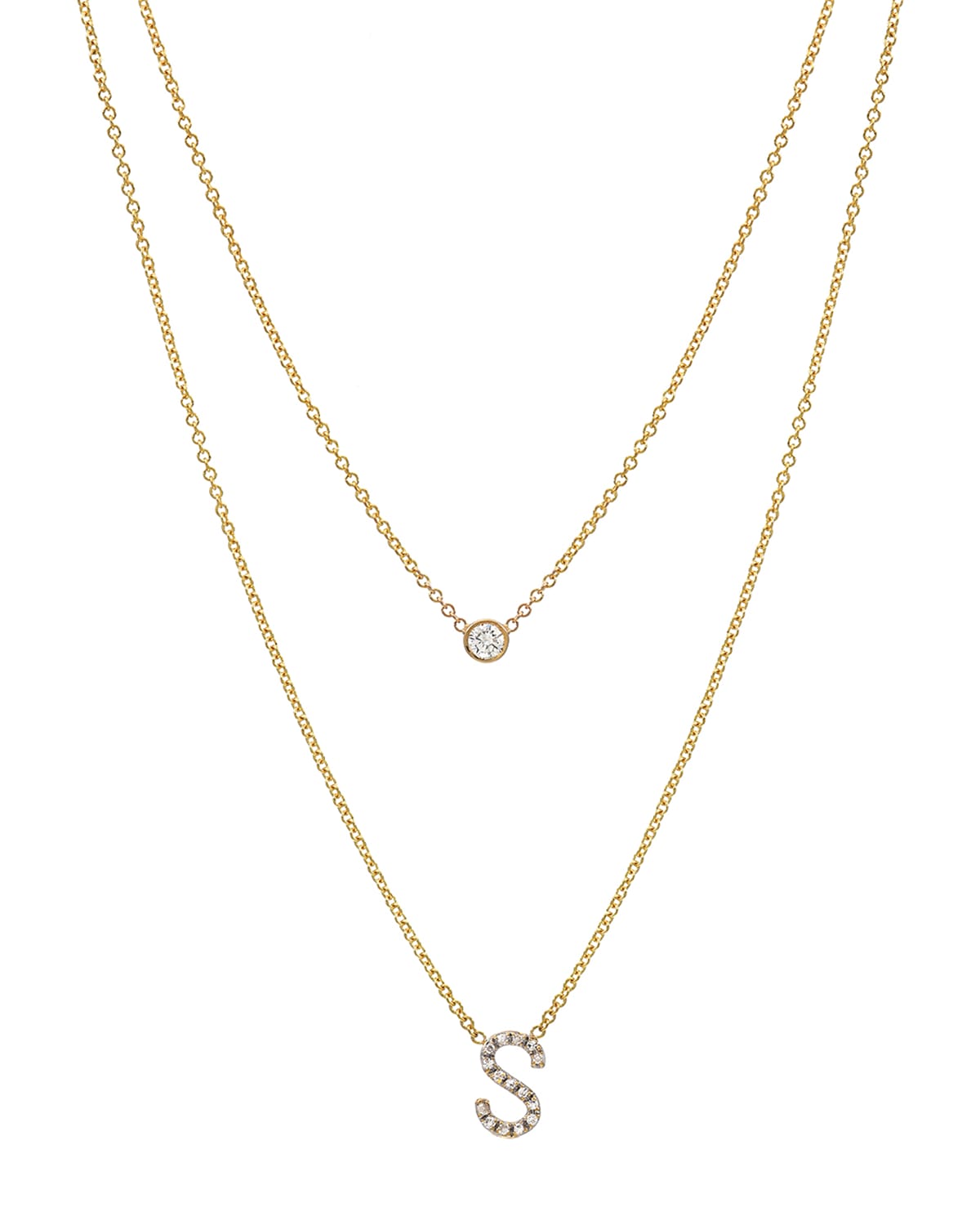 Zoe Lev Jewelry Personalized 14k Gold Diamond Initial & Bezel 2-layer Necklace
