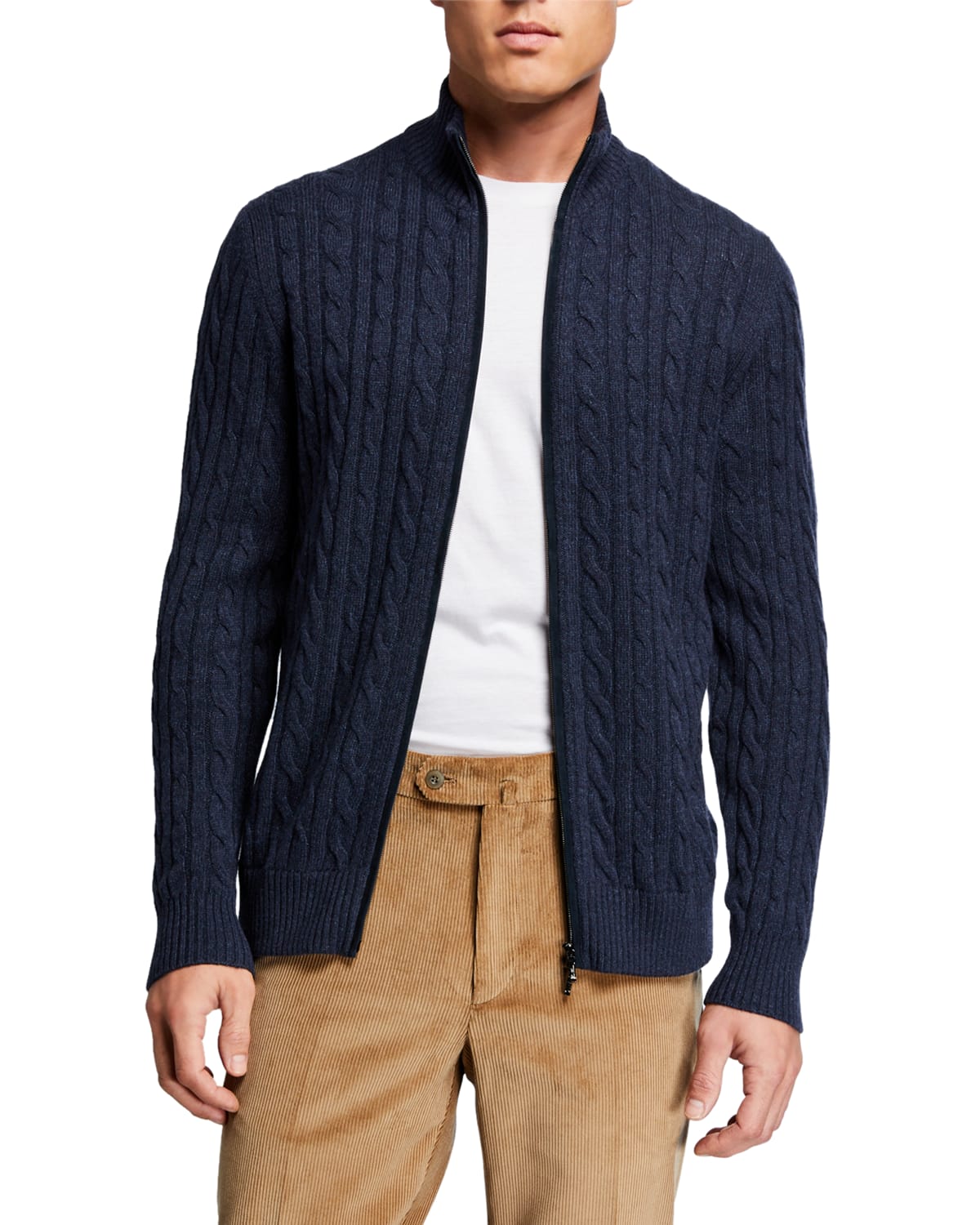 Men's Cable-Knit Cashmere Zip-Front Sweater