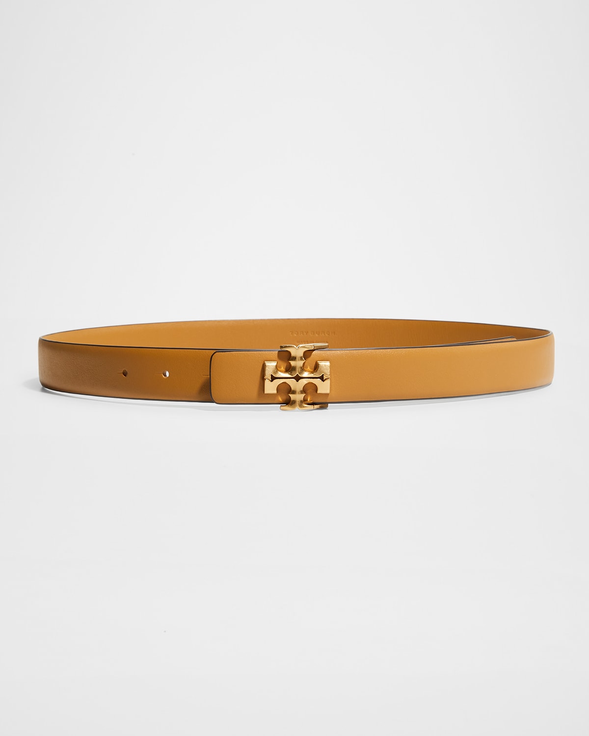 Tory Burch Kira 1" Leather Belt W/ Logo Buckle In Brown Gold