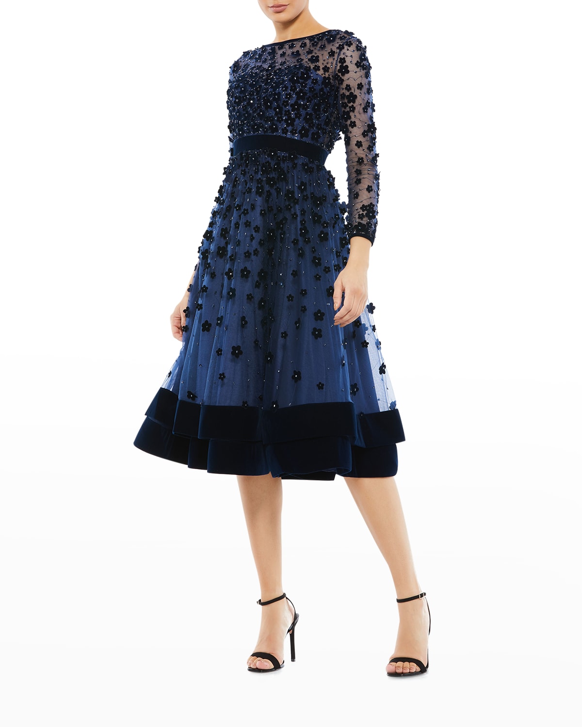 Flower applique mesh panel flare midi dress online