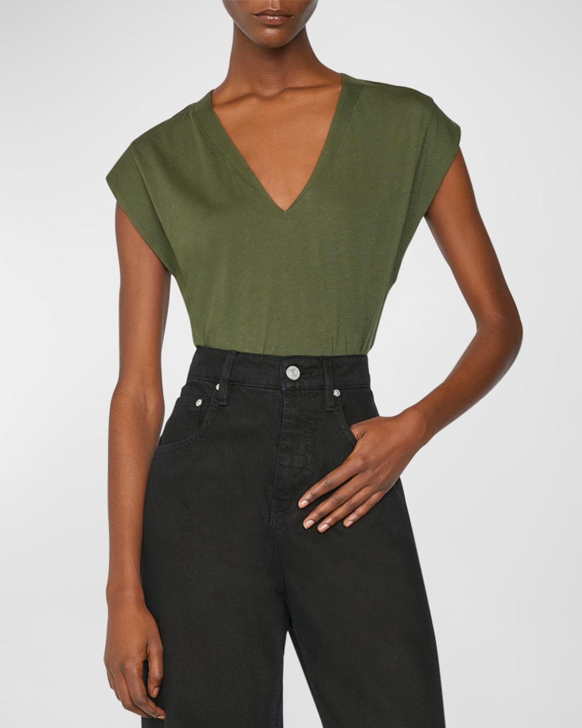 Frame Le High Rise V-neck Organic Pima Cotton T-shirt In Fatigue