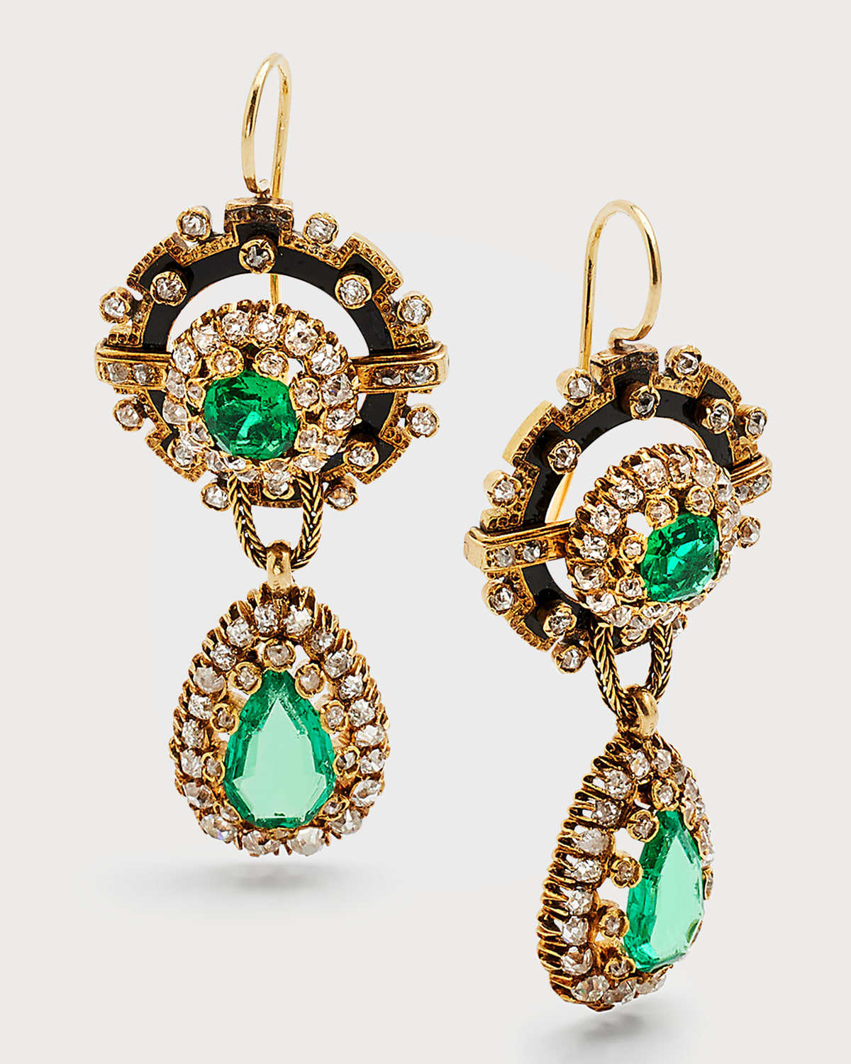 Estate Victorian Emerald & Diamond Enamel Drop Earrings