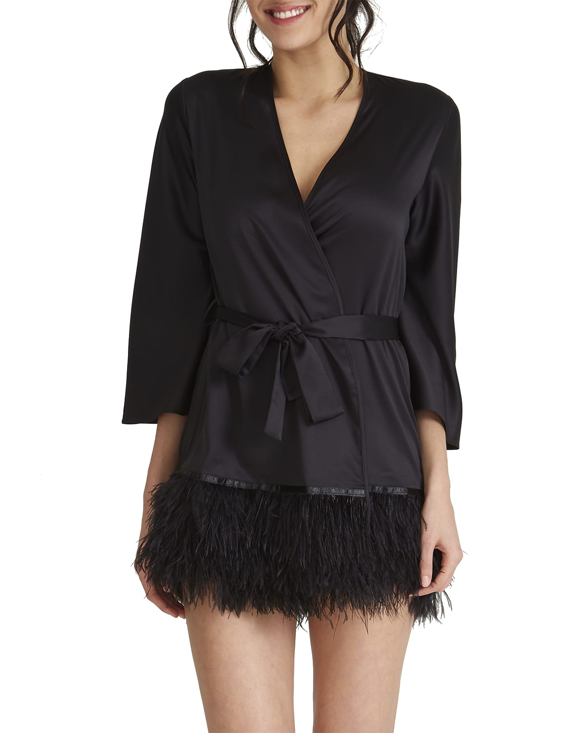 Rya Collection Swan Feather-hem Robe, Inclusive Sizing In Black