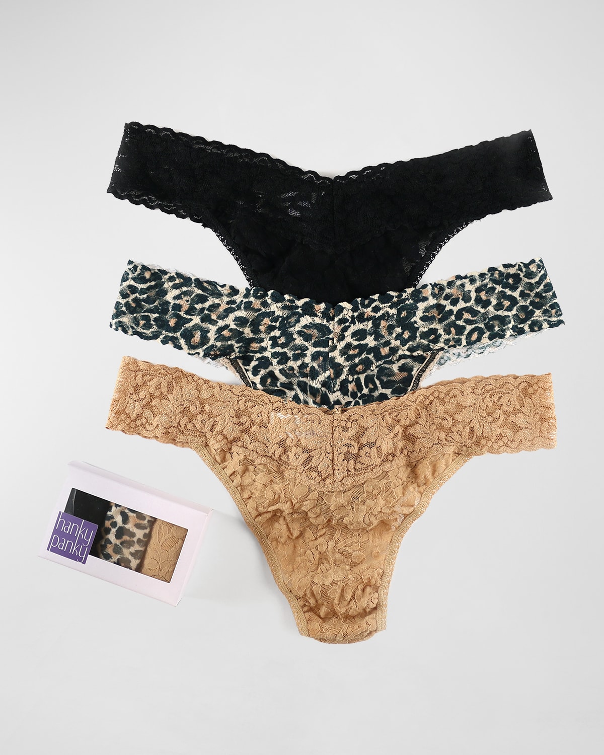 Hanky Panky Three-pack Lace Original-rise Thongs In Chai Blk Leopard
