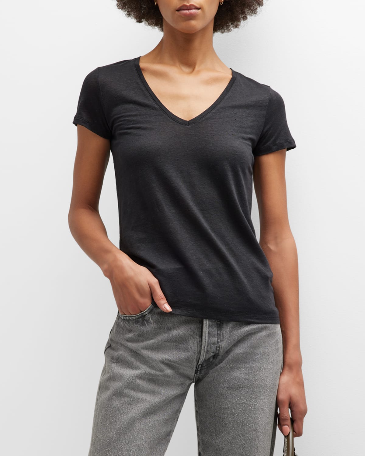 Shop Majestic V-neck Short-sleeve Stretch Linen T-shirt In Noir