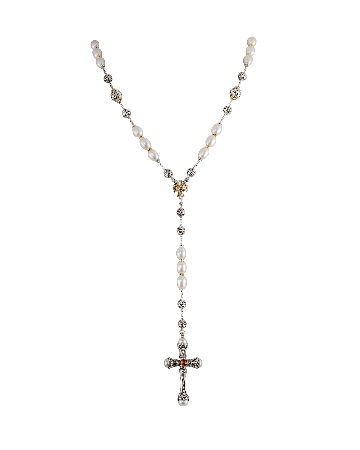Konstantino Kleos Pearl Cross Lariat Necklace W/ Pink Tourmaline