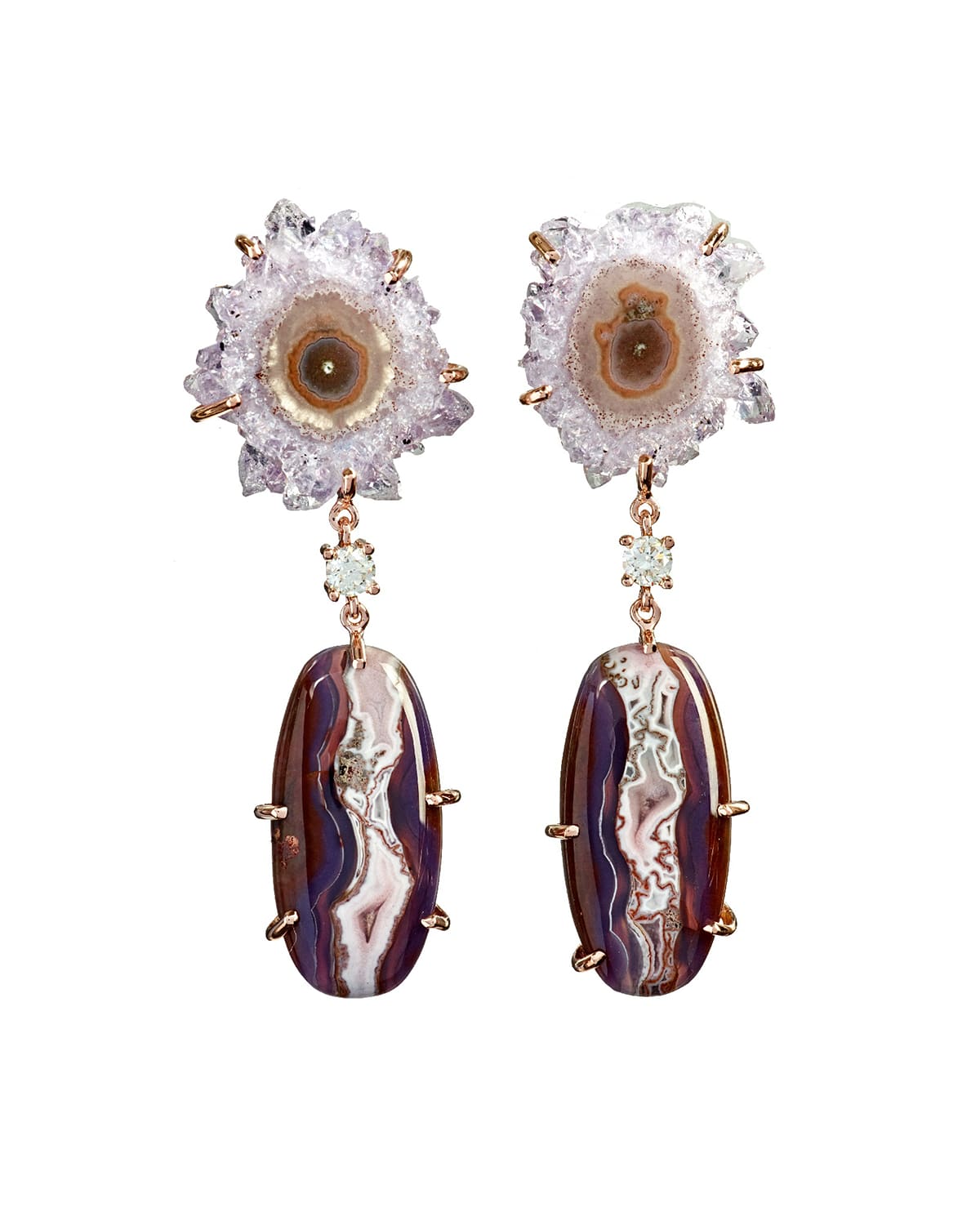 Jan Leslie 18k Bespoke 2-tier One-of-a-kind Luxury Earrings W/ Stalactite, Purple Passion & Diamonds