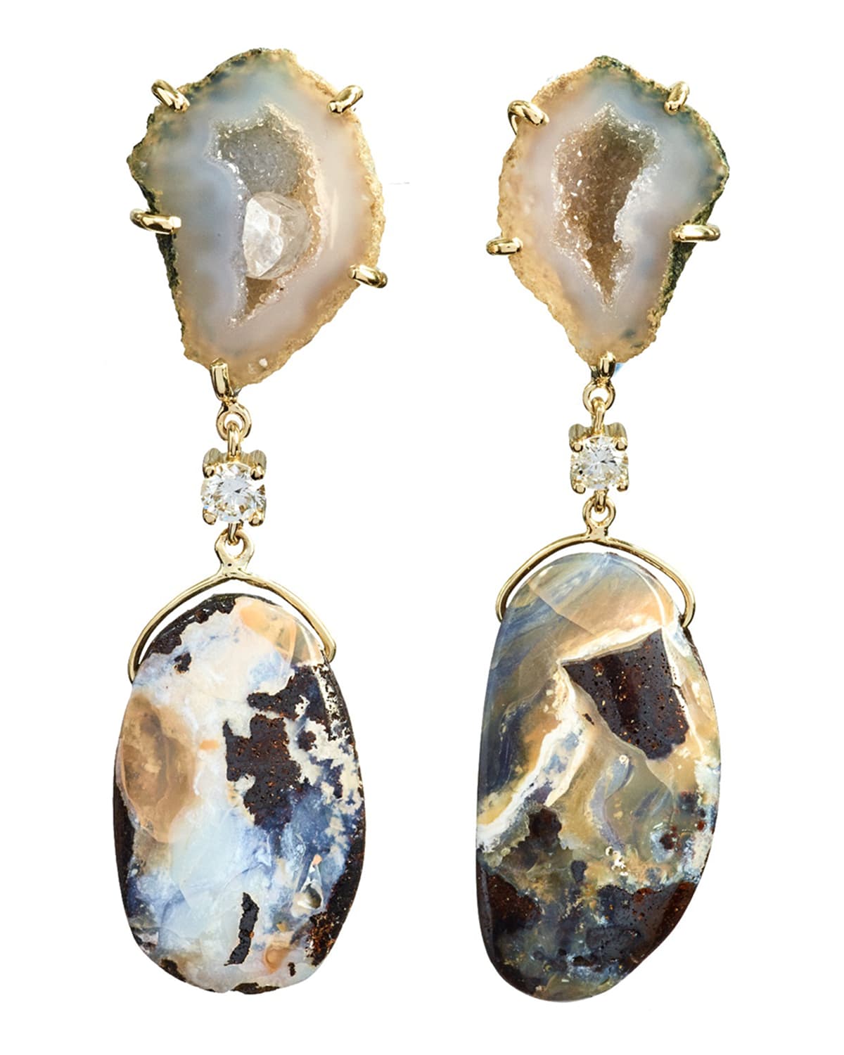 18k Bespoke 2-Tier One-of-a-Kind Luxury Earrings w/ Tan Tabasco Geode, Natural Boulder Opal & Diamonds