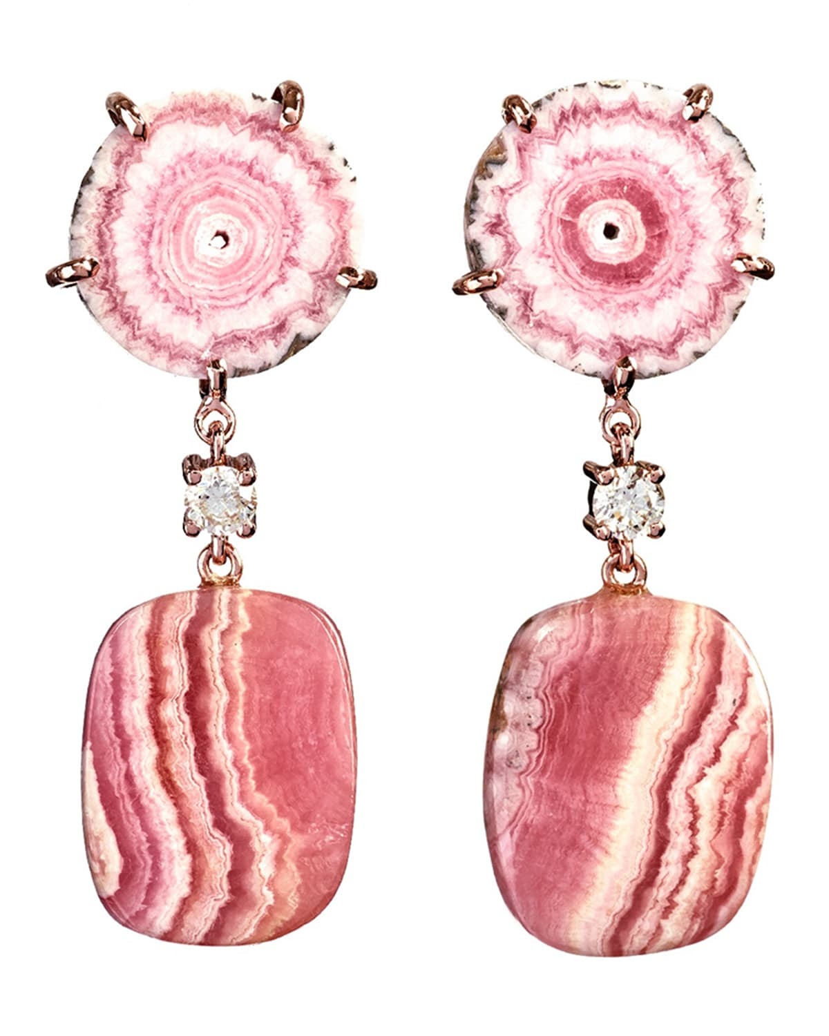 Jan Leslie 18k Bespoke 2-tier One-of-a-kind Luxury Earrings W/ Pink Stalactite, Rhodochrosite & Diamonds