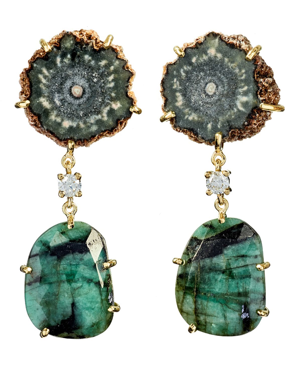 Jan Leslie 18k Bespoke 2-tier One-of-a-kind Luxury Earrings W/ Brown Stalactite, Faceted Emerald & Diamonds