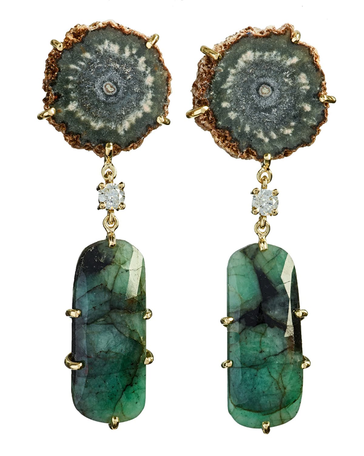 Jan Leslie 18k Bespoke 2-tier One-of-a-kind Luxury Earrings W/ Brown Stalactite, Faceted Emerald & Diamond