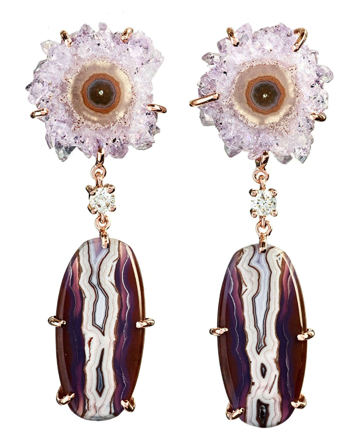 Jan Leslie 18k Bespoke 2-Tier One-of-a-Kind Luxury Earrings w/ Stalactite, Purple Passion & Diamonds