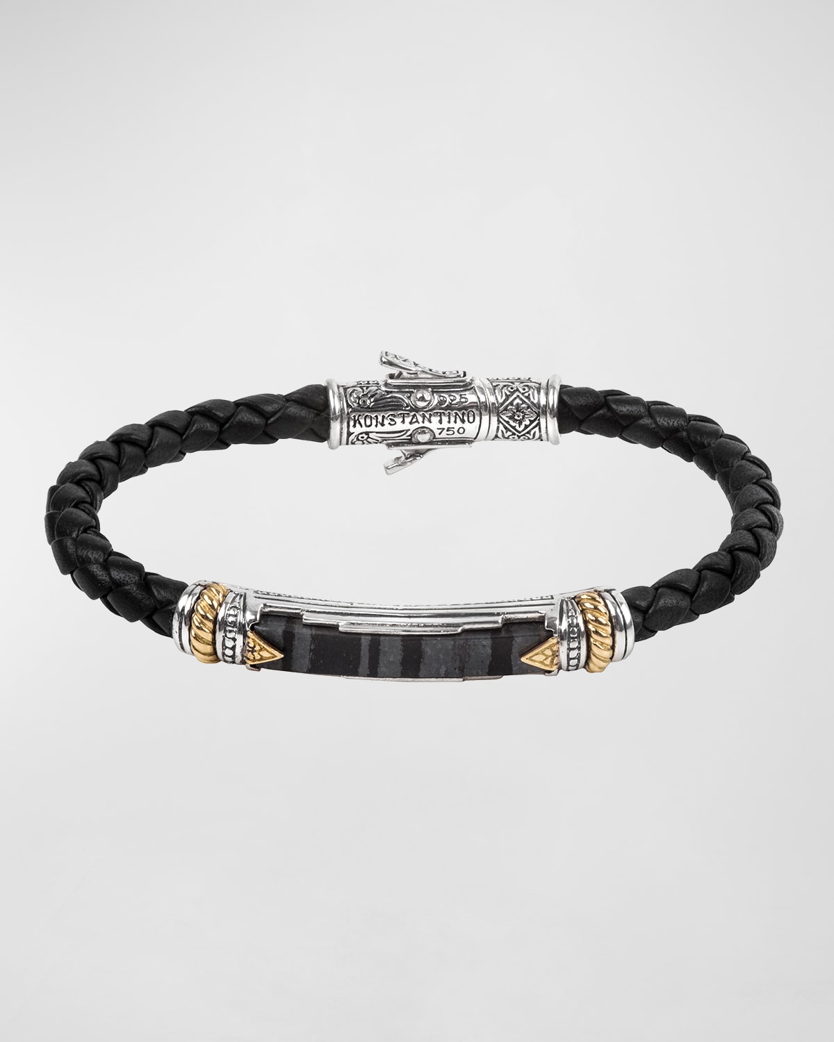 18K Gold/Silver Braided Leather Ferrite Bar Bracelet