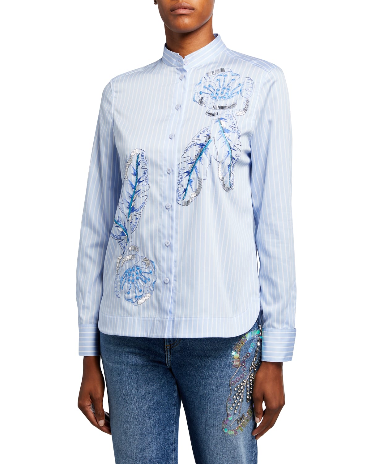Shop Escada Sport Naleaf Floral Embroidered Button-front Top In Sunny Sky
