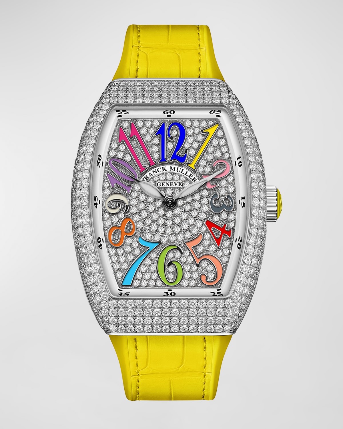 Franck Muller 32mm Stainless Steel Vanguard Color Dreams Diamond Watch with Yellow Alligator Strap