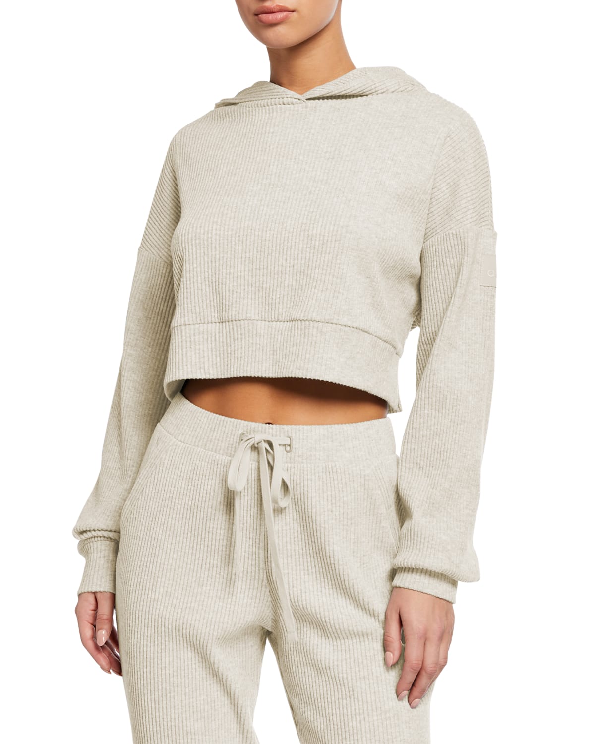 Alo Yoga Muse Rib-knit Hooded Sweatshirt In Gravel Heather