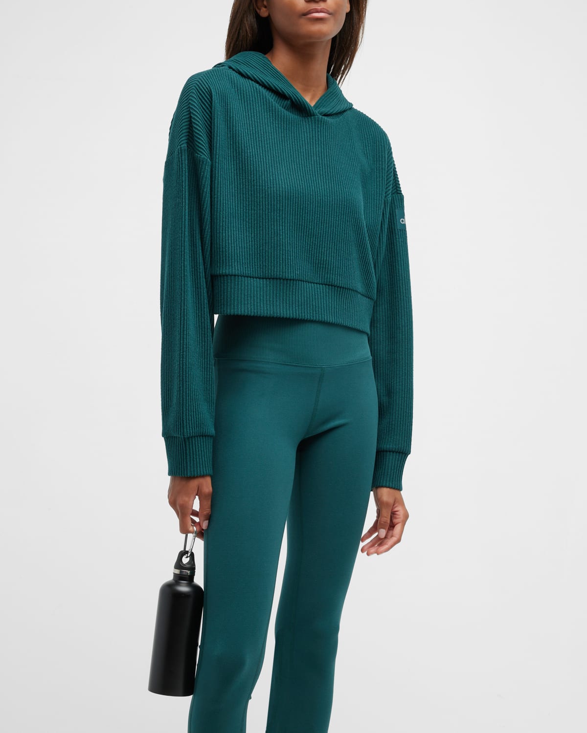 Alo Yoga Muse Ribbed Hoodie Sweatshirt In Midnight Green