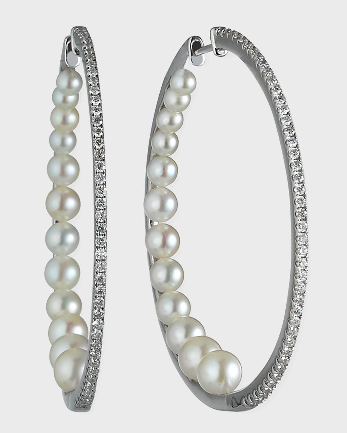 14k White Gold Diamond Pearl-Back Hoop Earrings