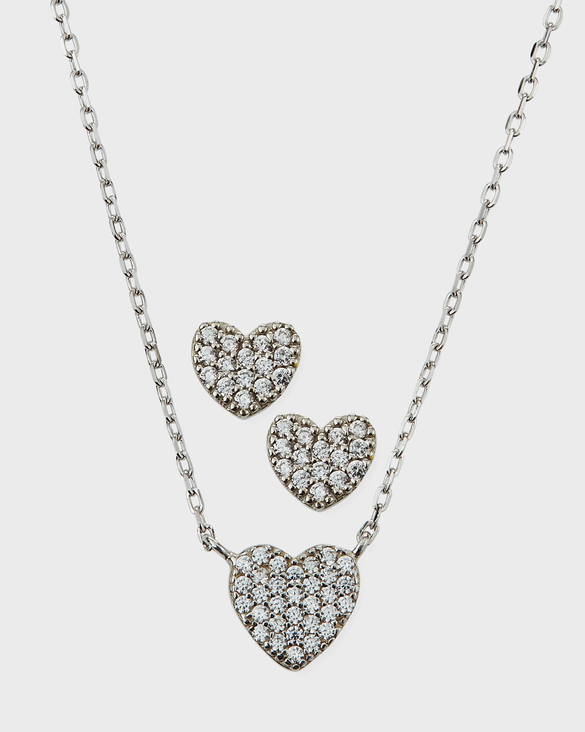 Helena Girl's Pave Heart Necklace w/ Matching Stud Earrings Set
