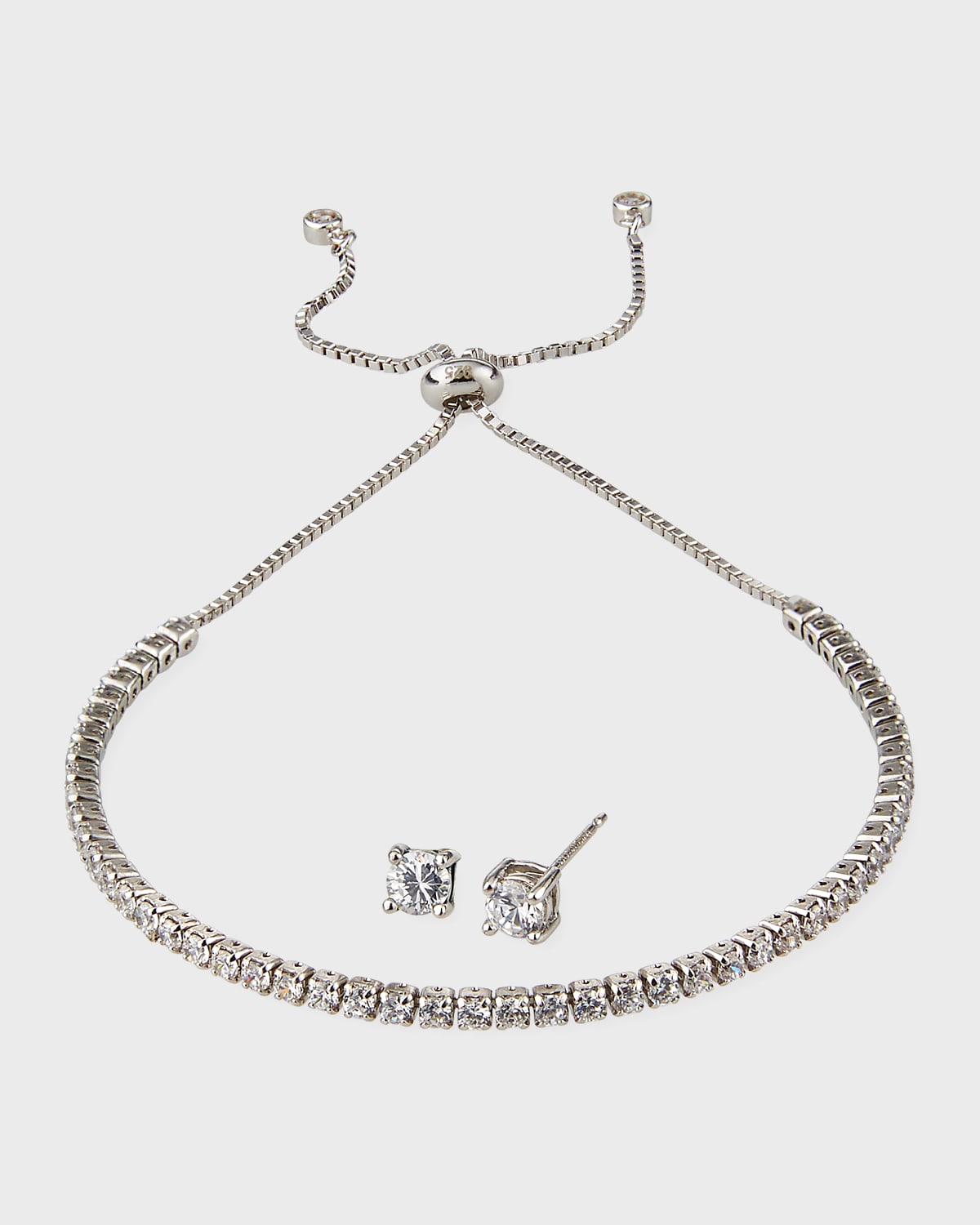 Helena Girl's Sterling Silver Cubic Zirconia Adjustable Bracelet w/ Matching Stud Earrings Set