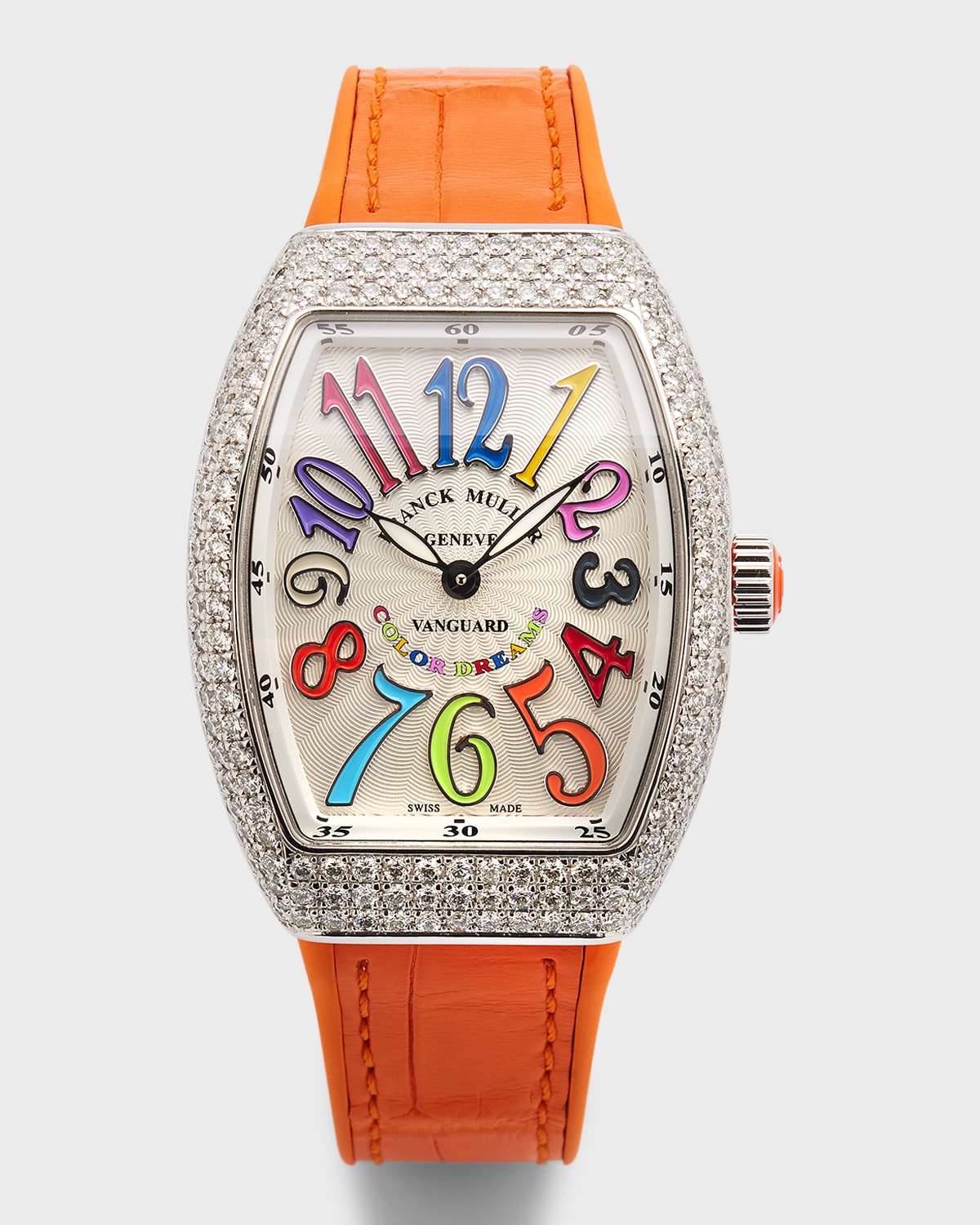 Franck Muller 32mm Stainless Steel Vanguard Color Dreams Diamond Watch with Orange Alligator Strap