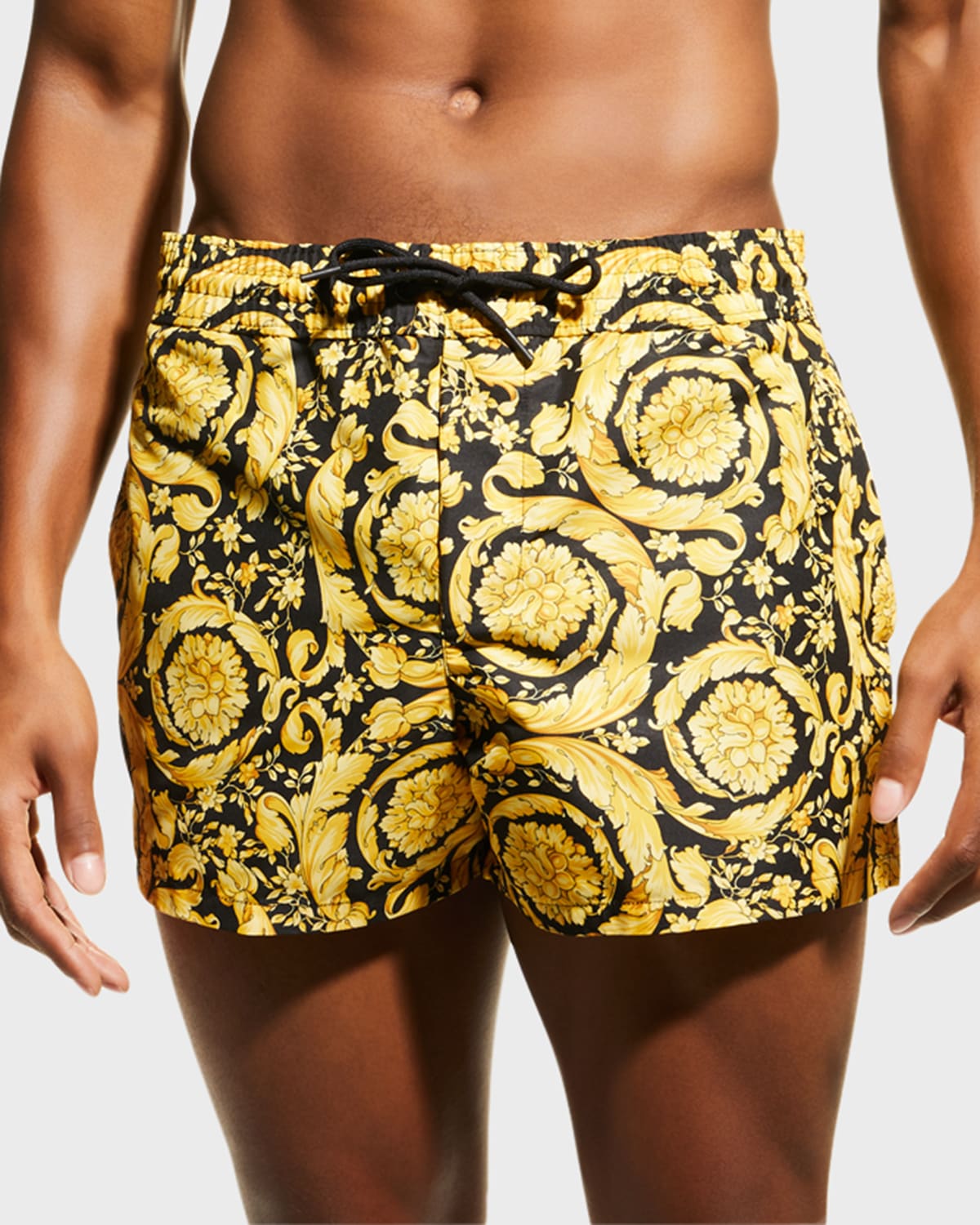 Shop Versace Men's Barocco Short Swim Trunks In Gold  Print