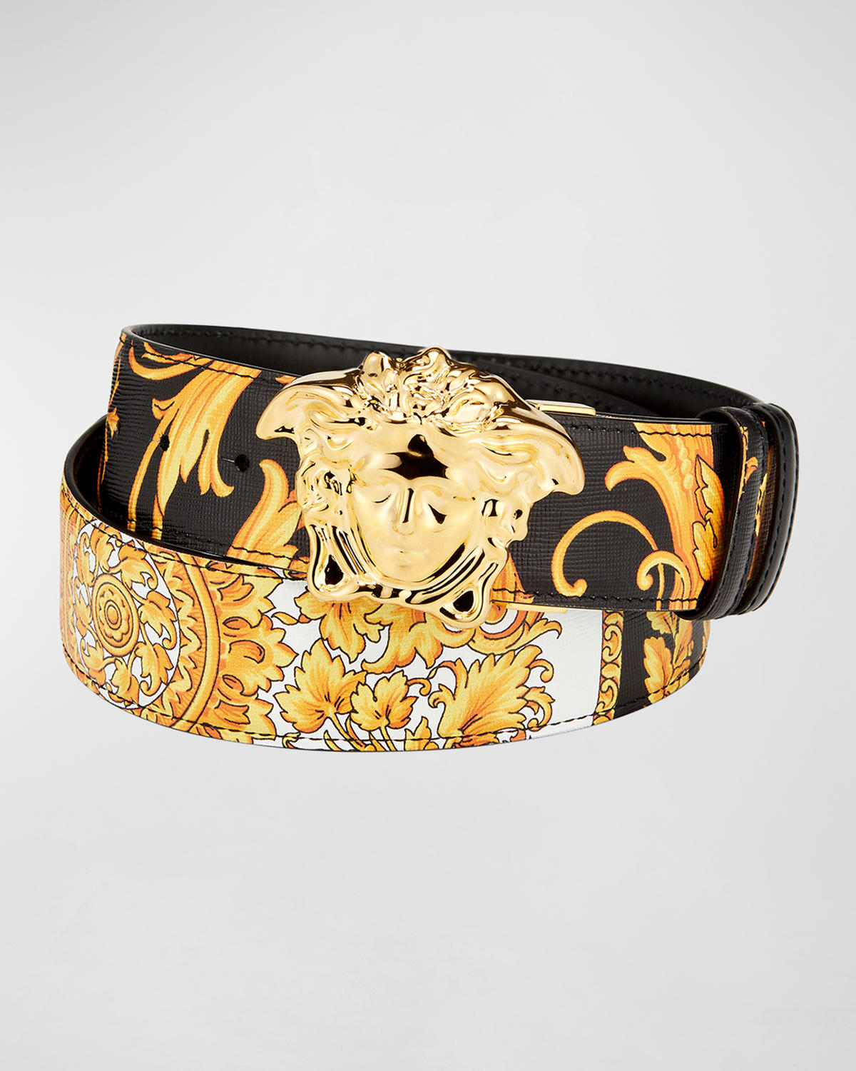 Shop Versace Men's Reversible Barocco Medusa Leather Belt In Goldblack