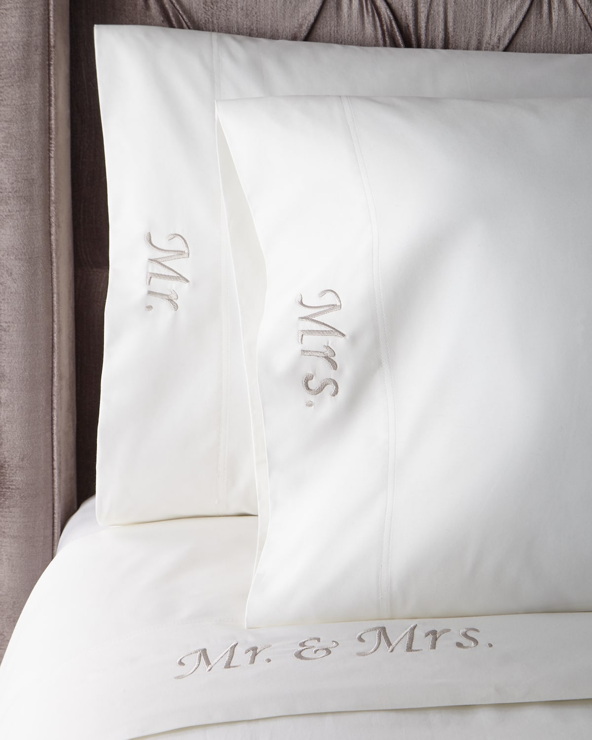 The Pillow Bar Mr. & Mrs. 300tc Queen Sheet Set In White/platinum