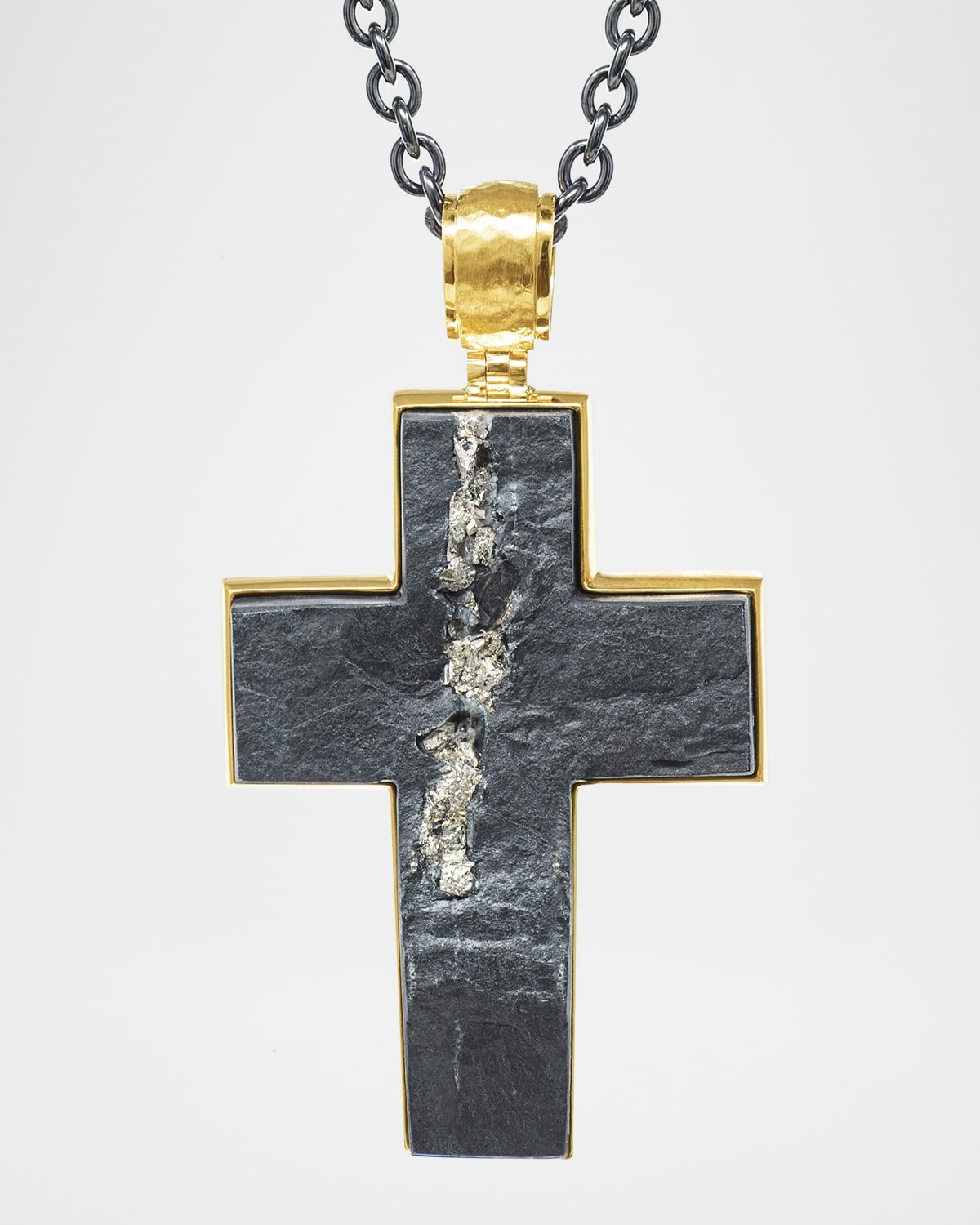 Men's Pyritized Slate 18k Gold Cross Pendant