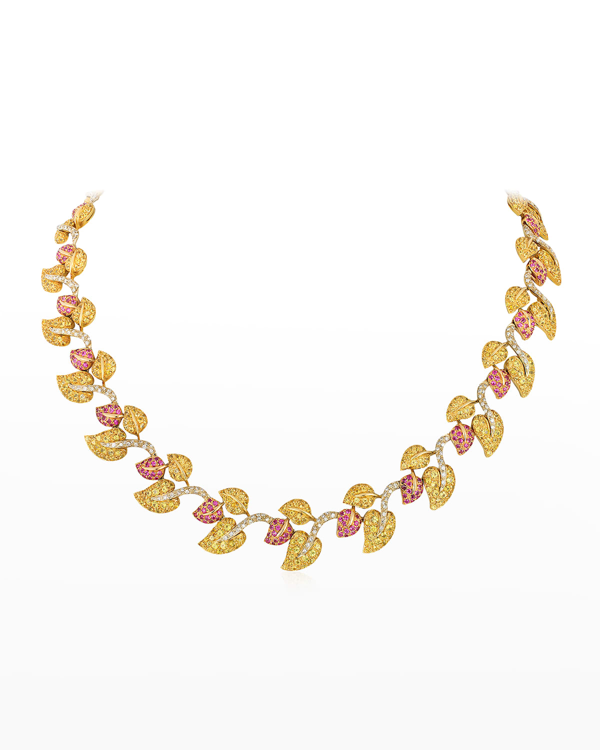 Yellow Gold Sapphire and Diamond Leaf Necklace