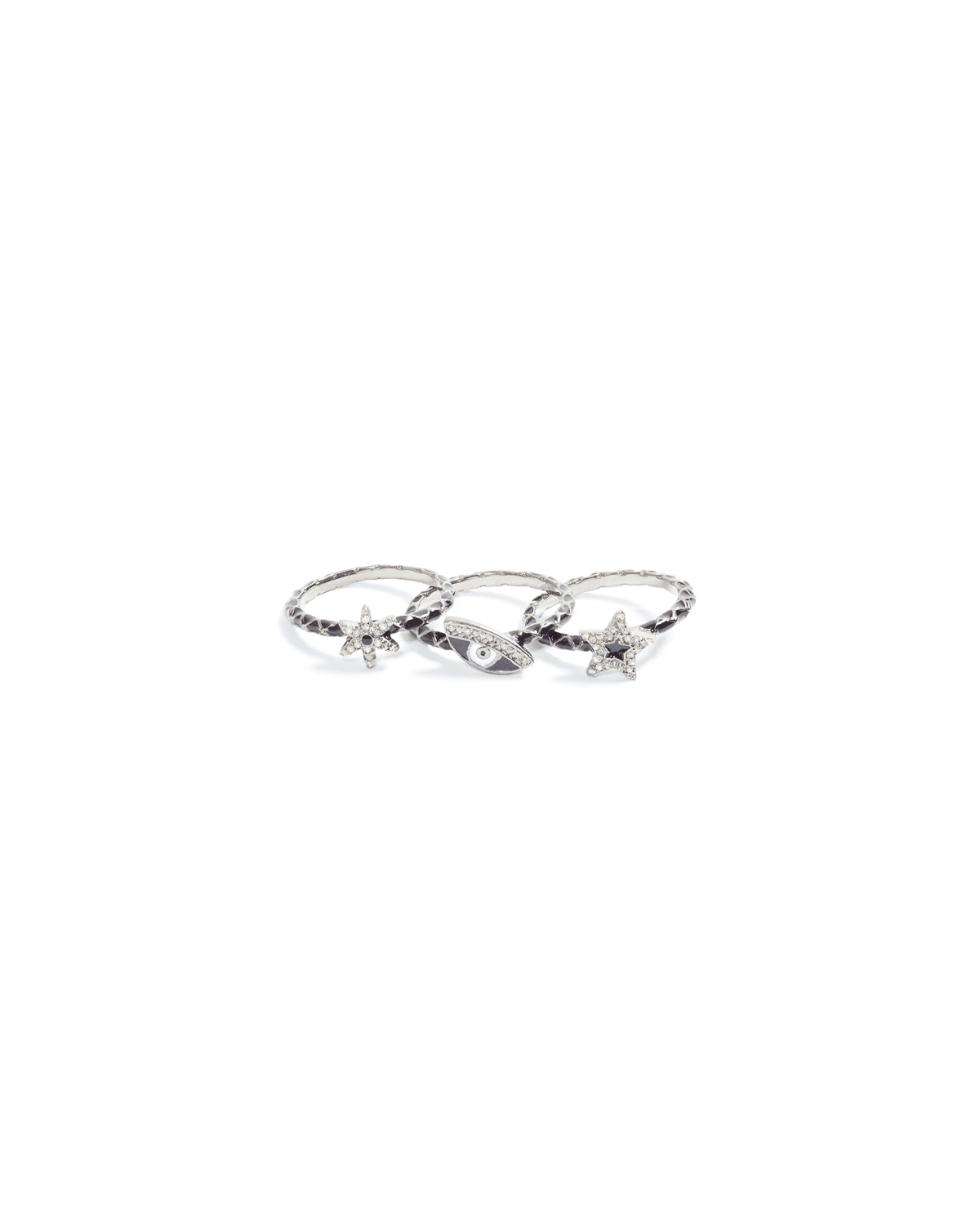Mati Stack Black Enamel Diamond Rings, Set of 3, Size 8