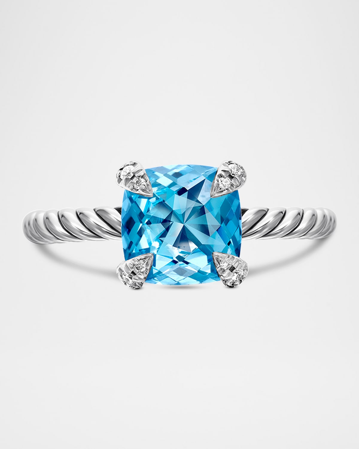 David Yurman Chatelaine Cushion Ring With Gemstone And Diamonds In Silver, 8mm In Blue Topaz
