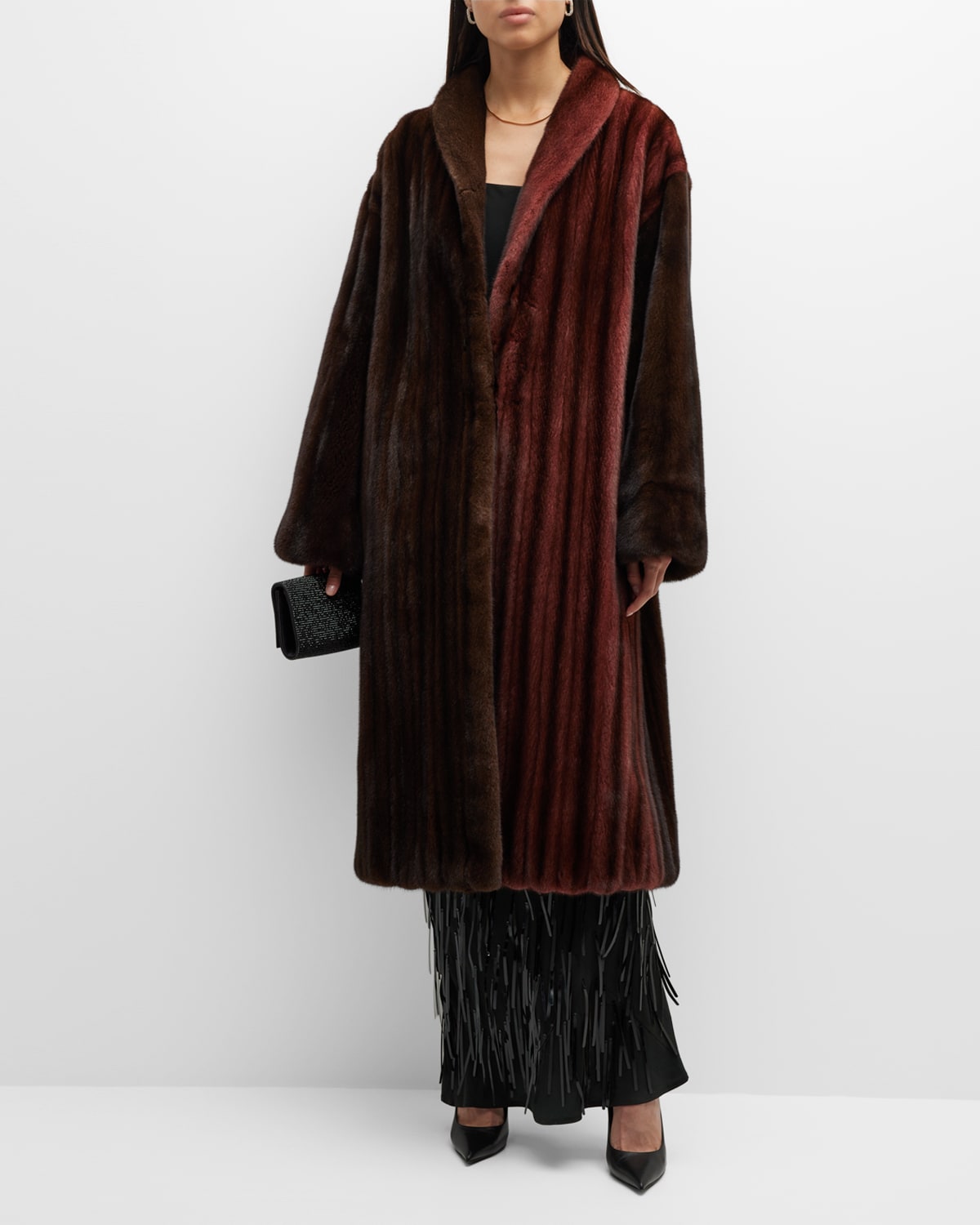 Two-Tone Mink Fur Long Let-Out Coat