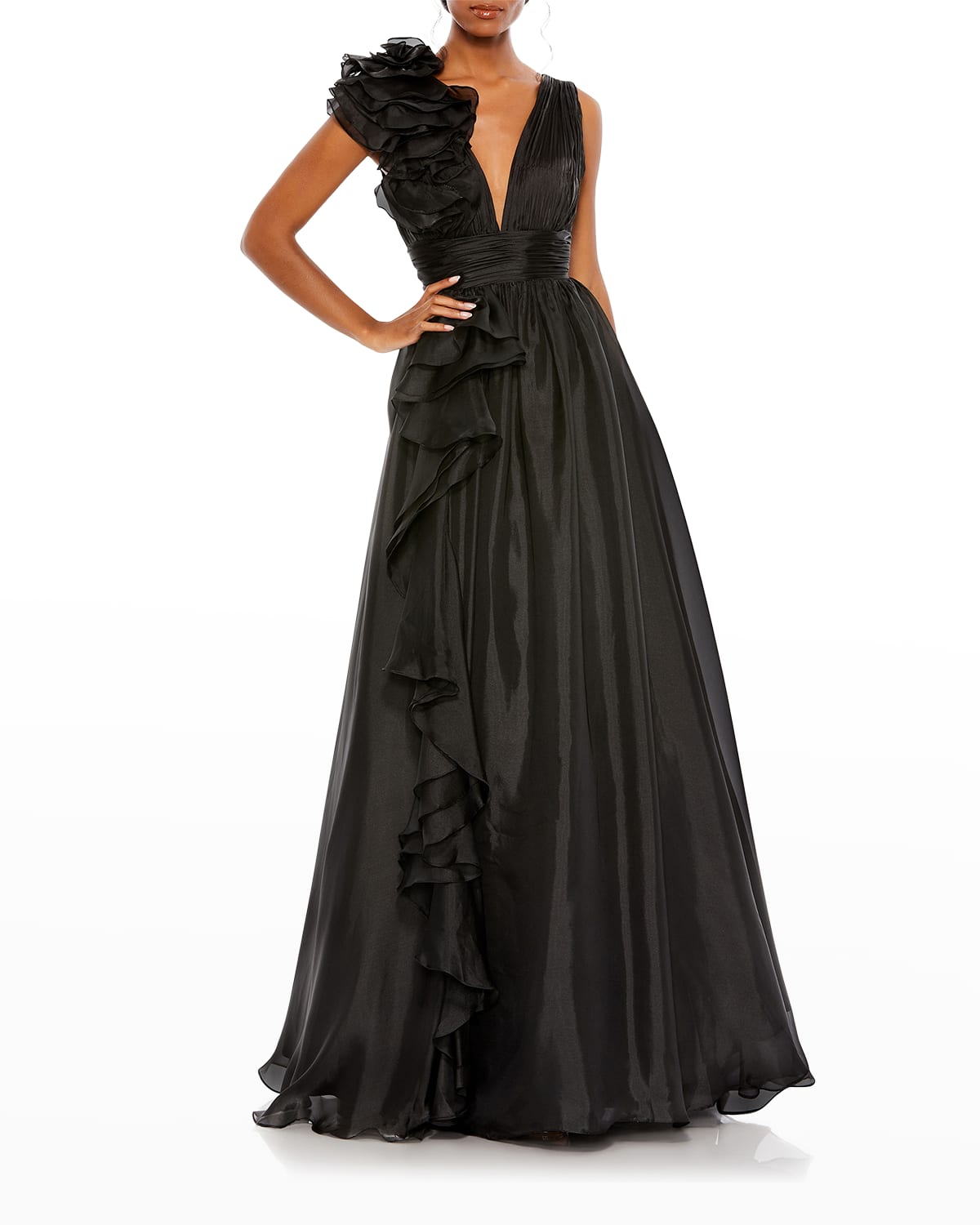 Mac Duggal Sleeveless Floral Ruffle Ruched Chiffon Ball Gown In Black