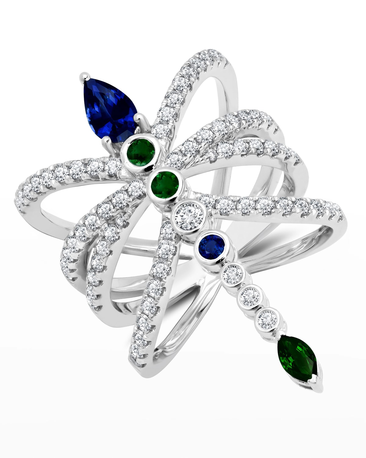 Graziela Gems 18k Dragonfly Diamond, Blue Sapphire and Emerald Multi-Row Ring, Size 7