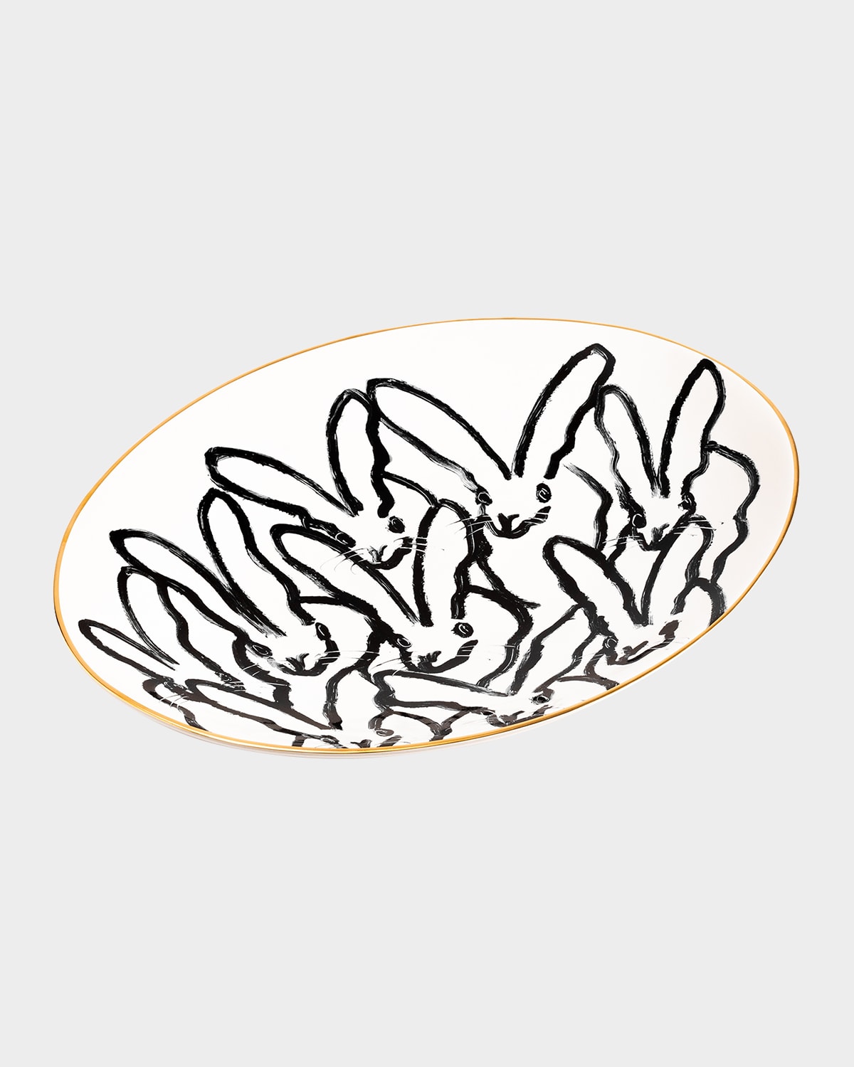 Hunt Slonem Rabbit Run Serving Platter With Gold Rim In White Pattern