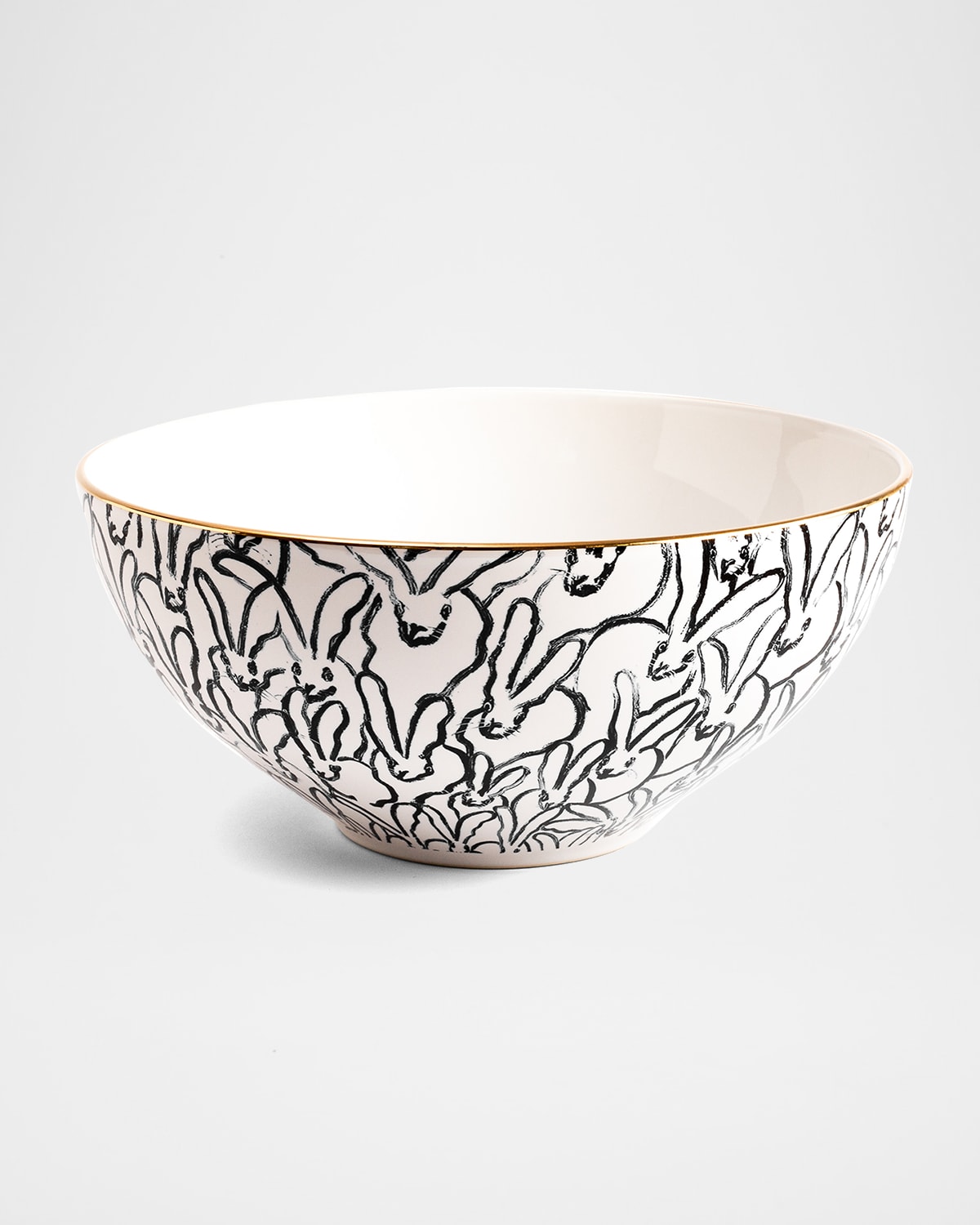 Hunt Slonem Large Rabbit Run Serving Bowl With Gold Rim In White Pattern
