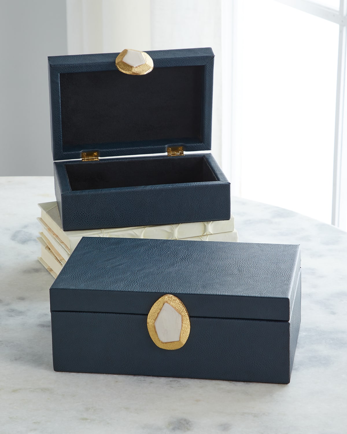 John-richard Collection Onyx Pebble Grain Faux Leather Boxes, Set Of 2 In Black
