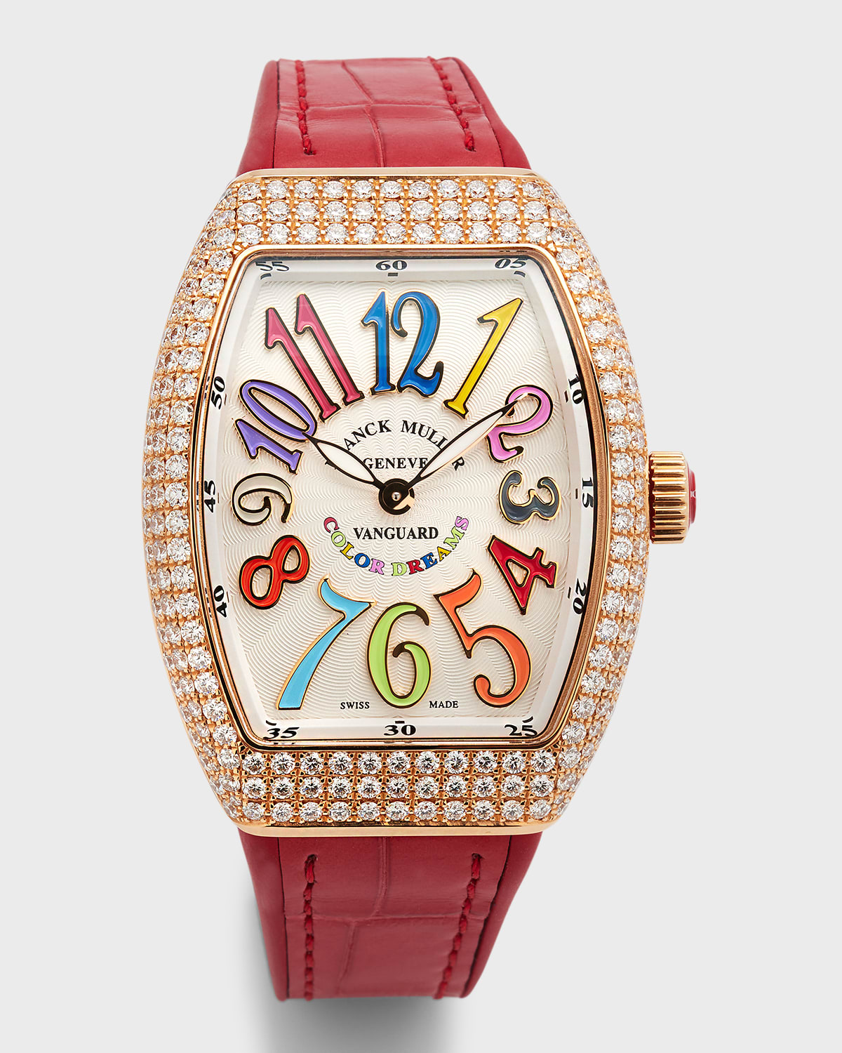 Franck Muller 35mm 18k Rose Gold Vanguard Color Dreams Diamond Watch With Red Alligator Strap