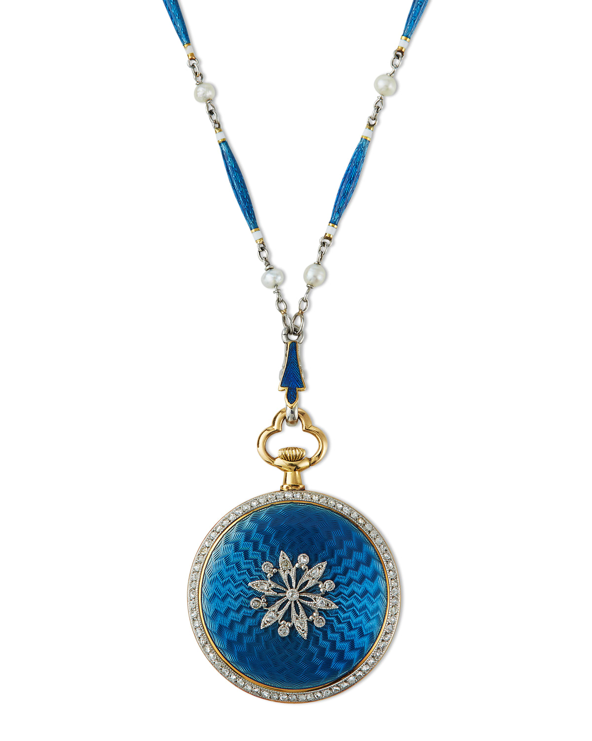 Estate Blue Enamel Diamond and Pearl Watch Pendant