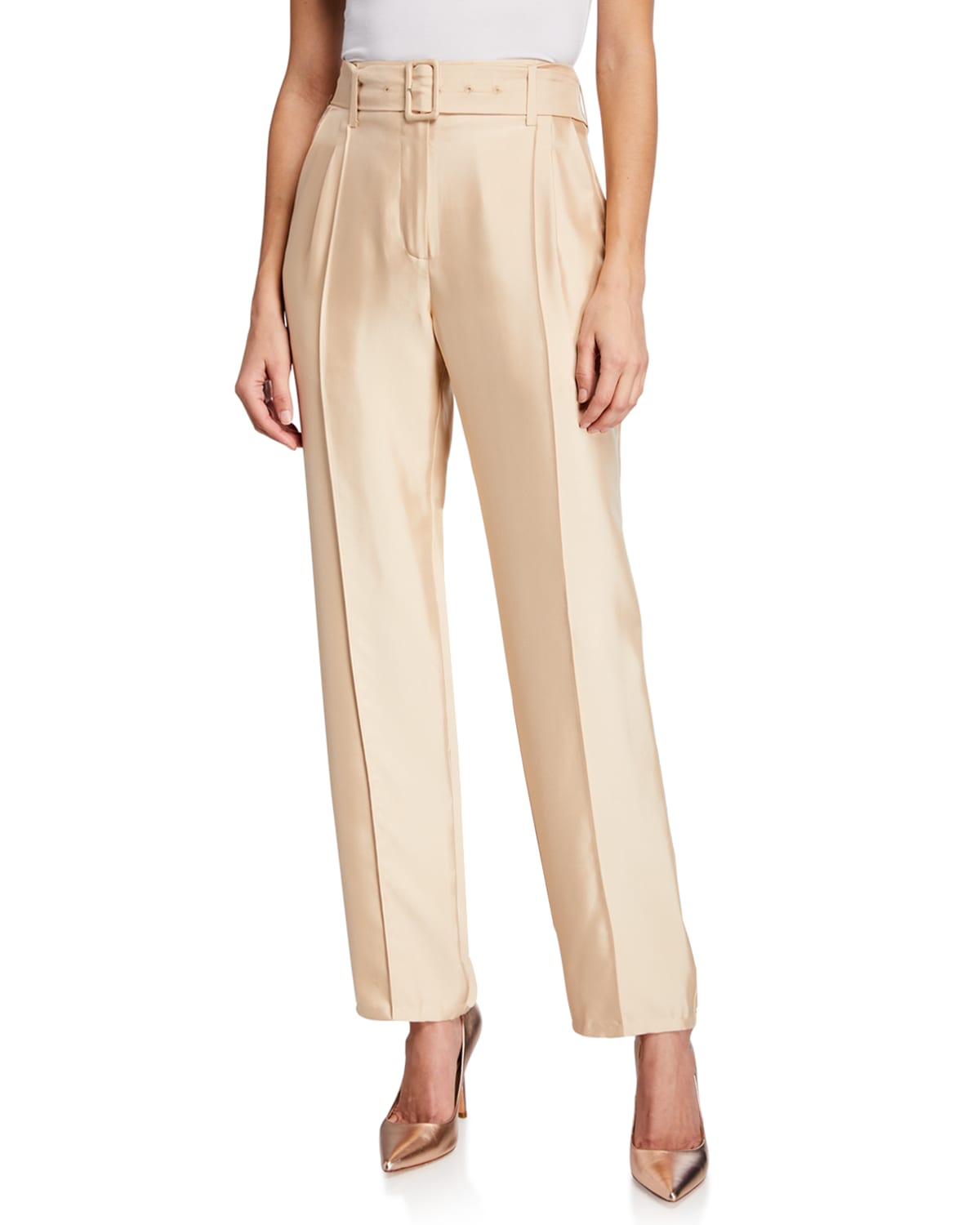 Silky Twill Pintucked Belted Pants