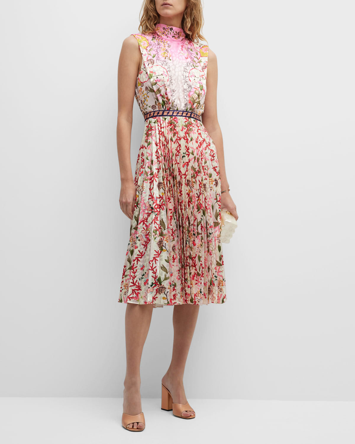 Saloni Fleur Pleated Satin Sleeveless Midi Dress In 1840-sea Cove Plm