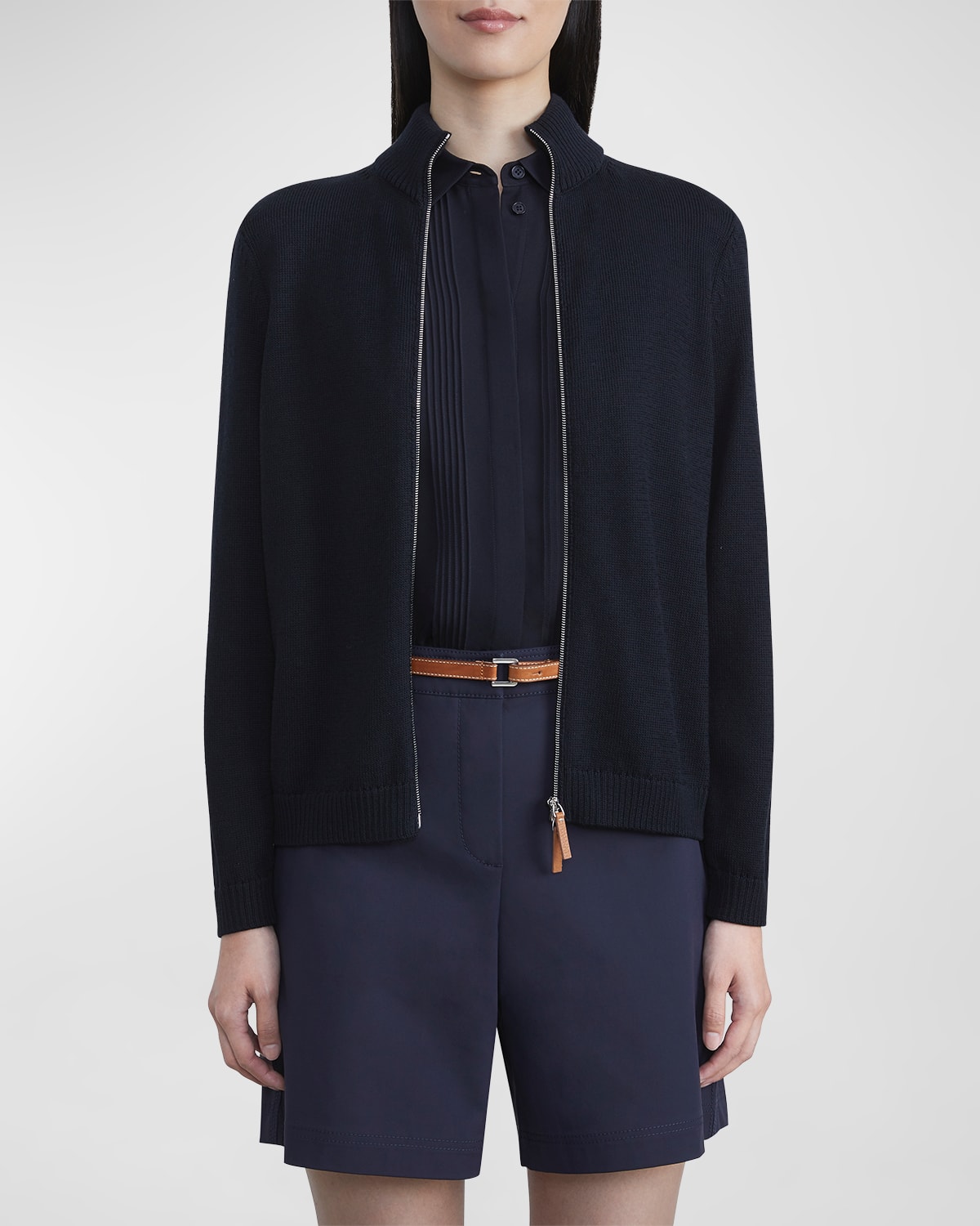 Lafayette 148 Plus-size Cottonsilk Tape Knit Bomber In Navy