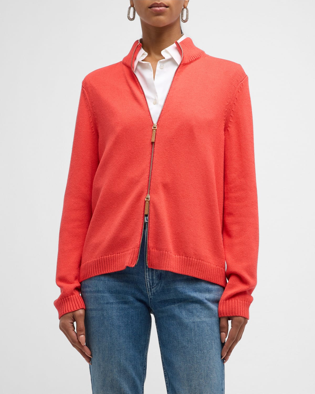 Lafayette 148 Cotton/silk Tape Fitted Bomber Sweater In Stamped Poppy