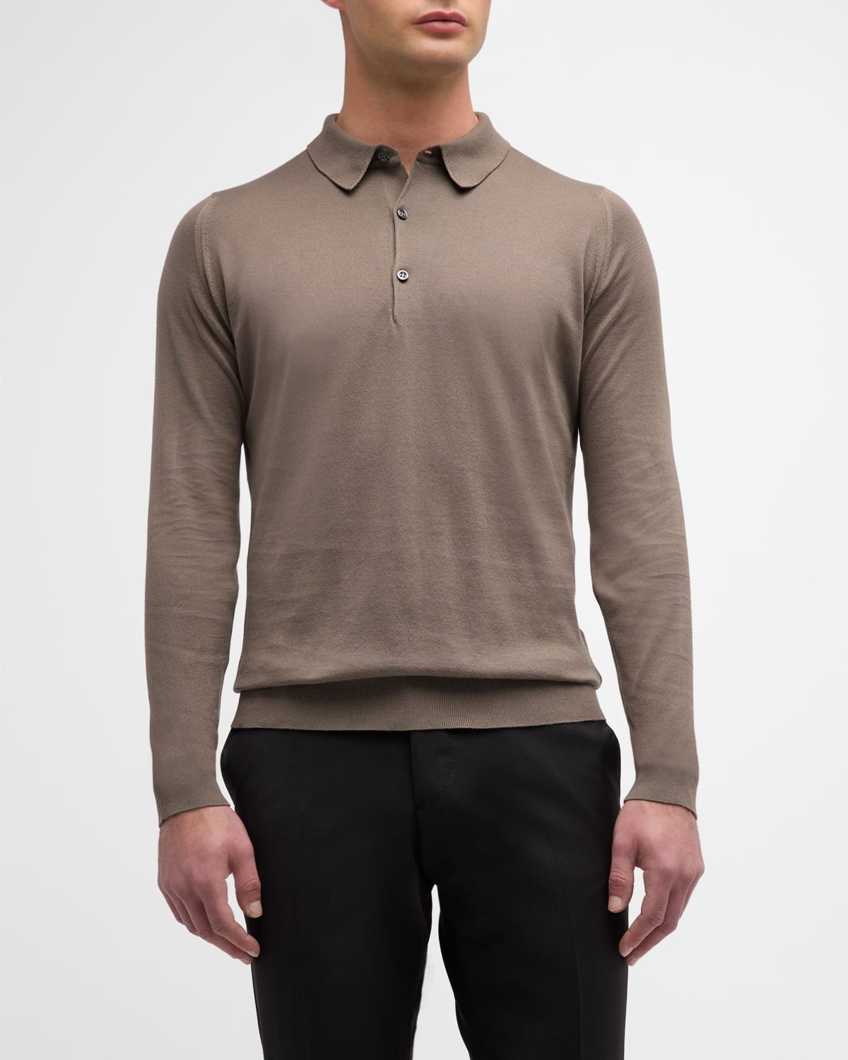 Shop John Smedley Men's Solid Long-sleeve Polo Shirt In Beige Musk
