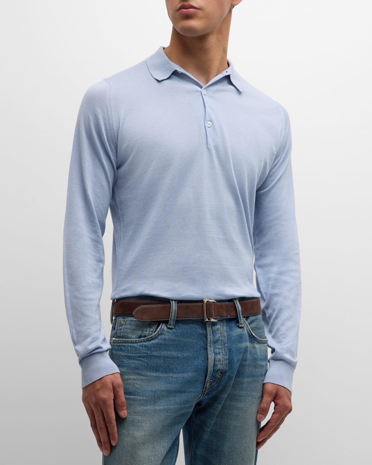 John Smedley Men's Solid Long-sleeve Polo Shirt In Mirage Blue